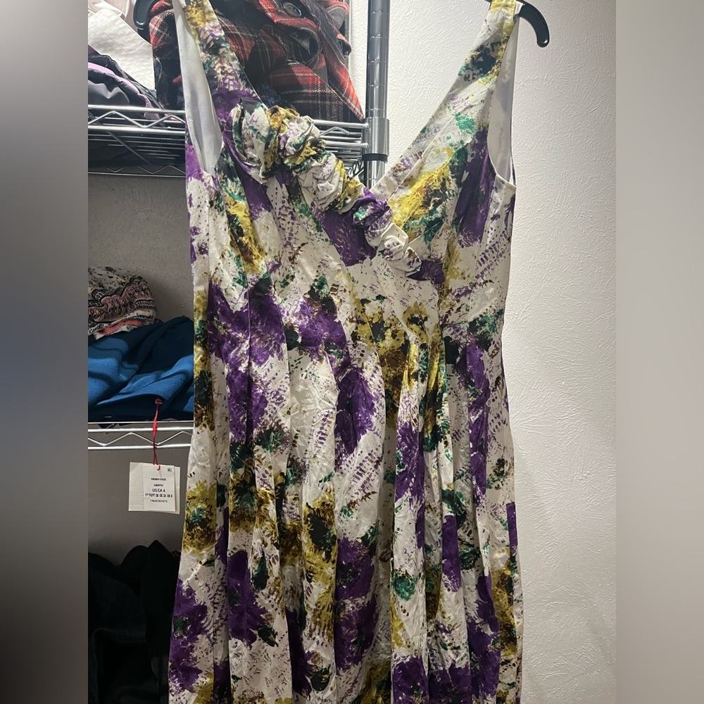 Floral dress with green, white, and purple